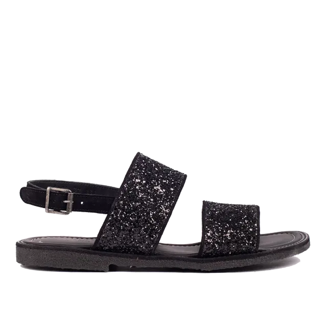 Angulus sandal funklende sort glitter sandal bred pasform ankelstrop