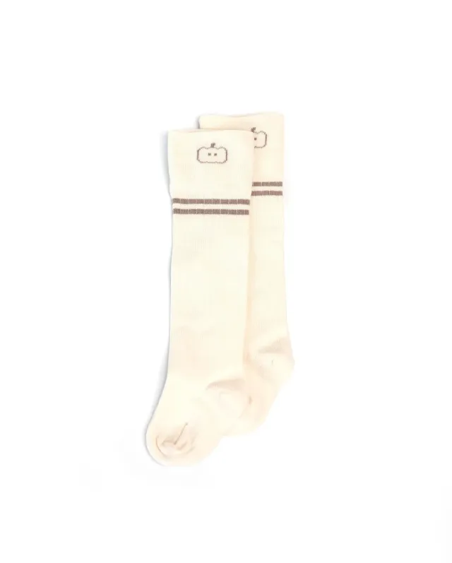Minifus Beige lange børnestrømper brune striber